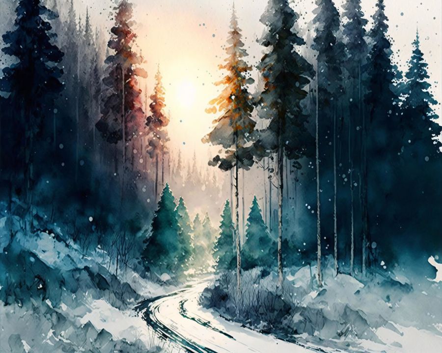 Seasonal, Watercolor Winter Forest Trail