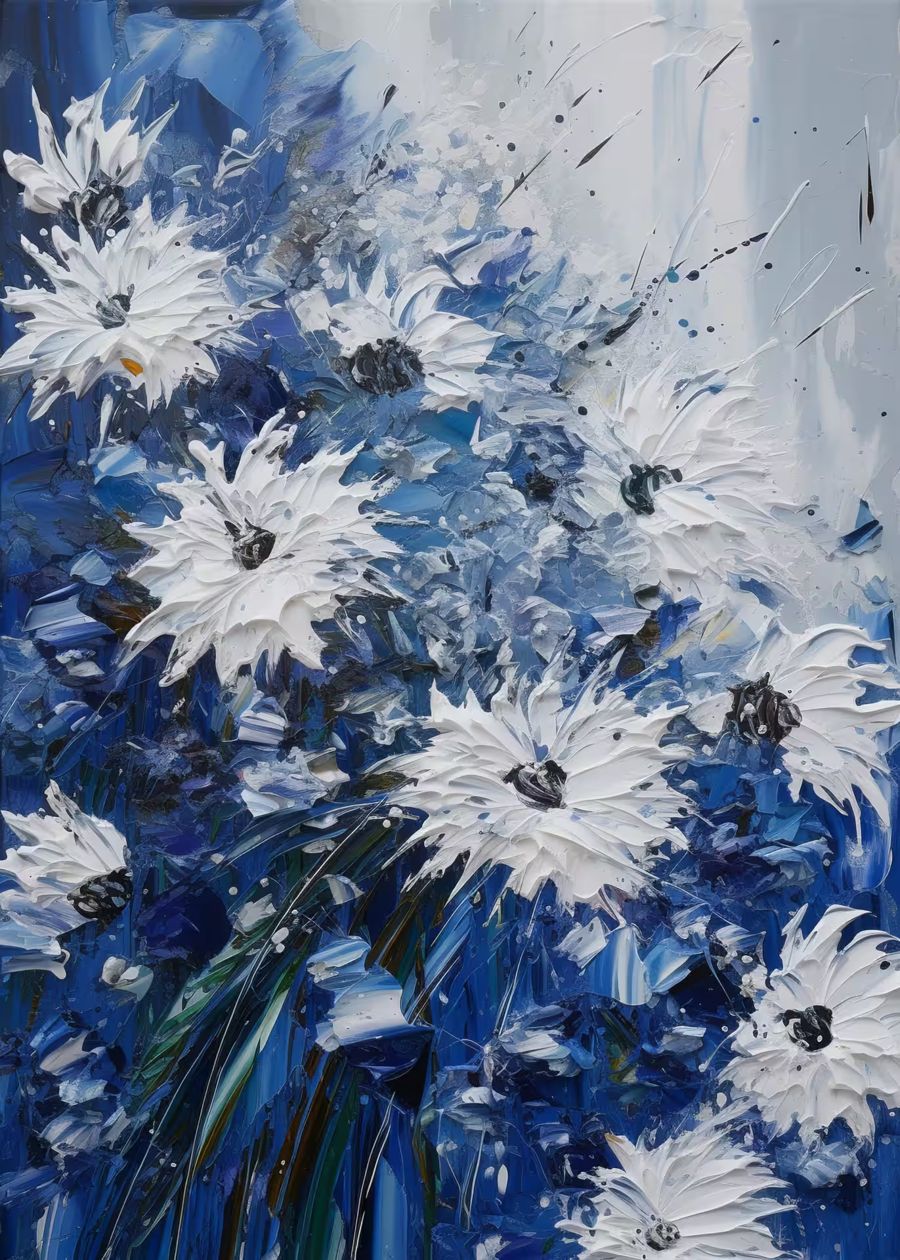 Flowers, White Blue Flowers Textured Floral