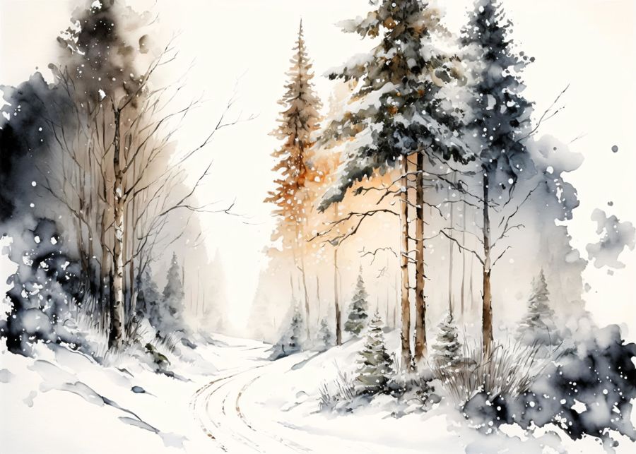 Seasonal, Winter Forest Trail Watercolor