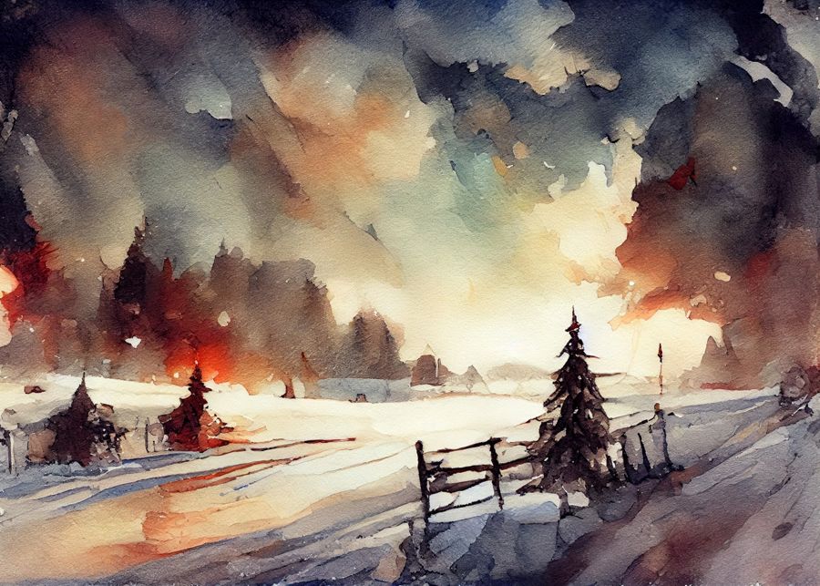 Seasonal, Winter Landscape Watercolor Snowy