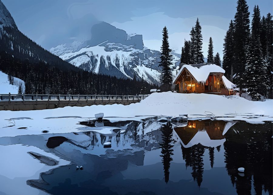 Seasonal, Winter Log Cabin Snowy Mountains