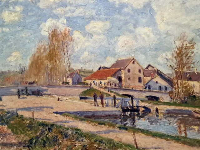 The Burgundy Lock at Moret Spring by Alfred Sisley, horizontal tablet wallpaper
