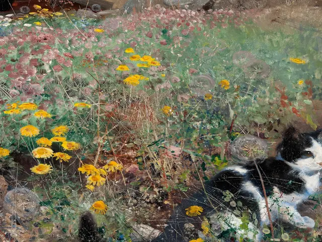 Cat on a Flowery Meadow by Bruno Liljefors, horizontal tablet wallpaper
