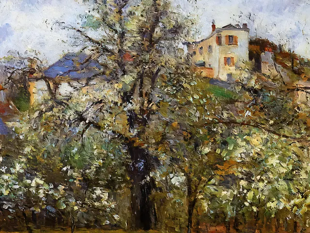 Kitchen Garden with Trees in Flower Spring Pontoise by Camille Pissarro, horizontal tablet wallpaper