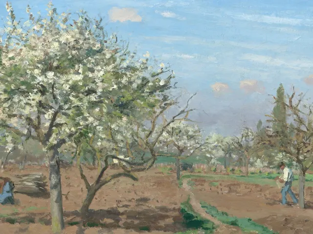 The Orchard in Bloom Louveciennes by Camille Pissarro, horizontal tablet wallpaper