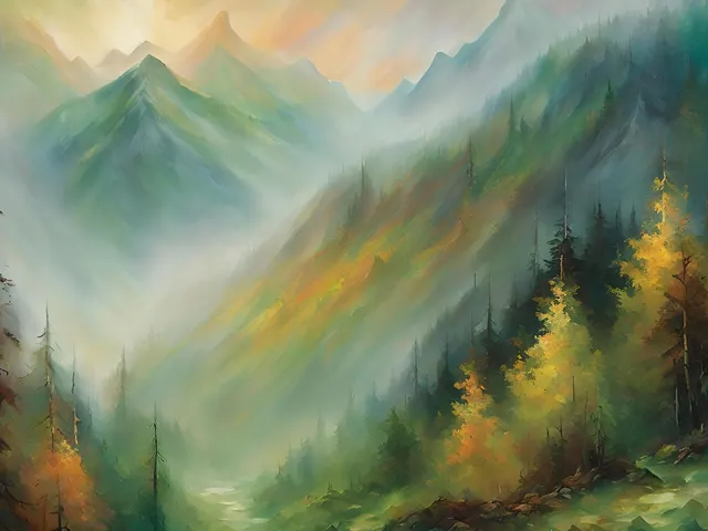 Foggy Mountains in Fall by EcoArtLab, horizontal tablet wallpaper