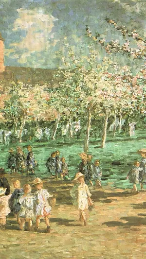 Flowering Orchard and Schoolchildren wallpaper
