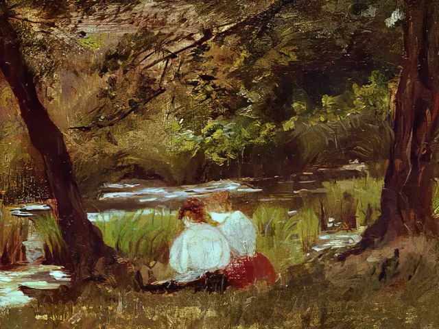Two Women Seated by a Woodland Stream by Mary Cassat, horizontal tablet wallpaper