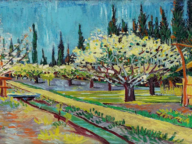 Orchard Bordered By Cypresses by Vincent van Gogh, horizontal tablet wallpaper