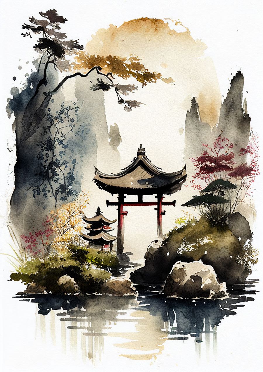 Gardens, Zen Garden Japandi Landscape Watercolor