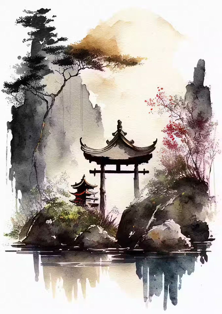 Gardens, Zen Garden Watercolor Zen Japandi